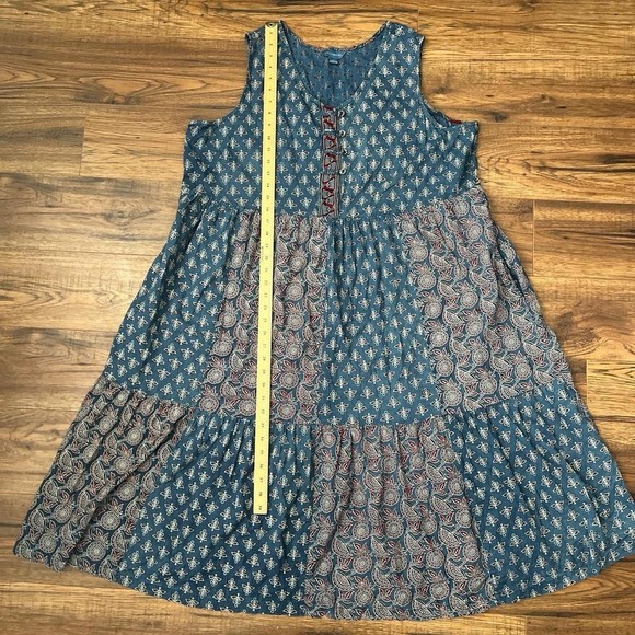 April Cornell Blue Sleeveless Dress Mixed Patchwork Tiered Button Front Women 1X - Picture 4 of 7